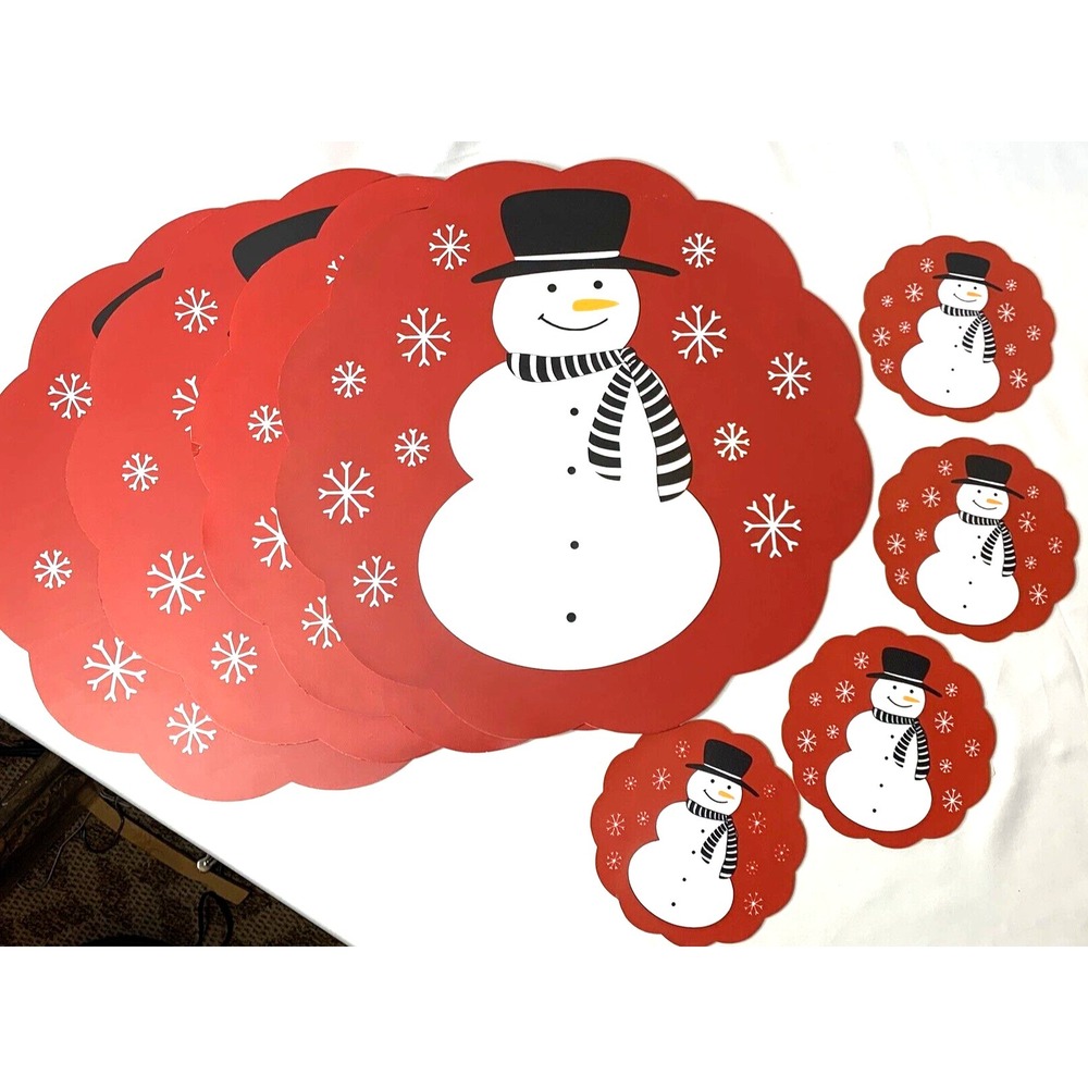 Snowman Placemats + Coasters X4 Vintage Vinyl Red Black Round 15 inch - CUTE!